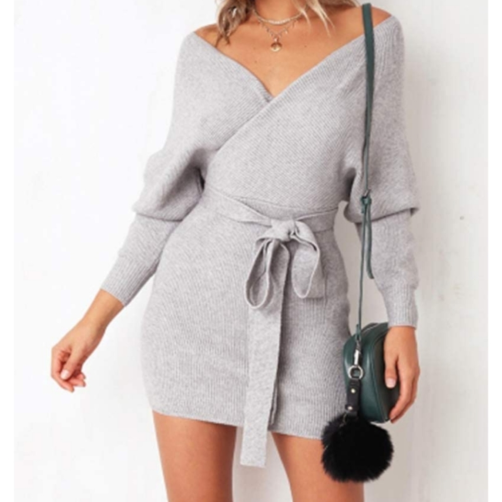 Sexy Gray Long Sleeve Batwing Wrap Sweater Dress!